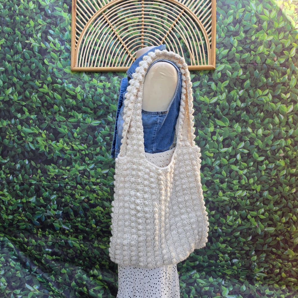 Handmade Crochet Popcorn Stitch Tote Bag Cream Boho Bobble Knit Shoulder Bag